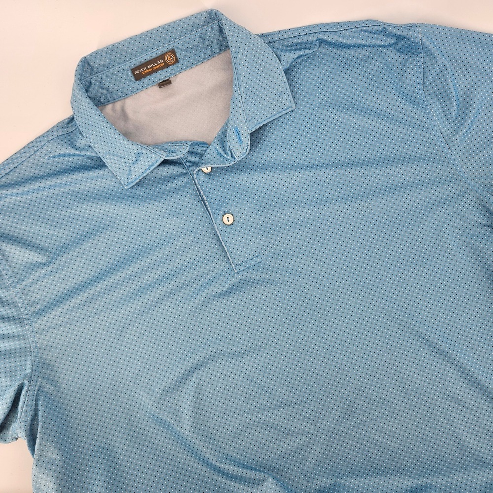 Peter Millar Mens Large Golf Polo Shirt Blue Dotted - Corporate Logo on Sleeve